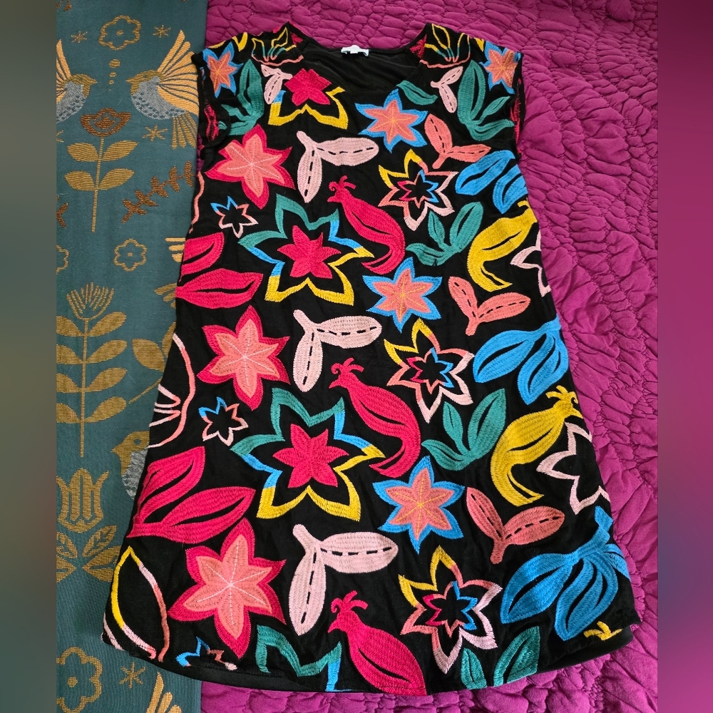 Women Black Floral Appliqué Dress with Bright Multicolor Flowers
